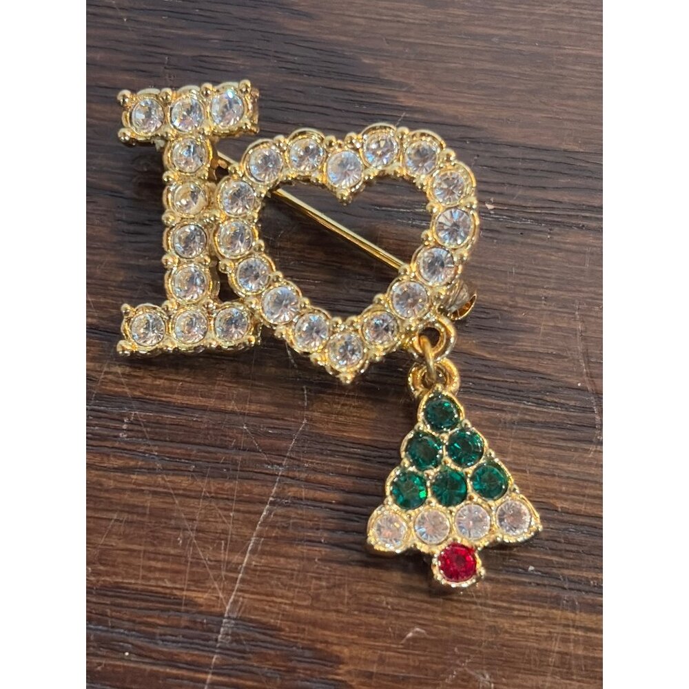 Vintage I Love Christmas Rhinestone Brooch Pin Dangling Tree Charm Gold-Tone